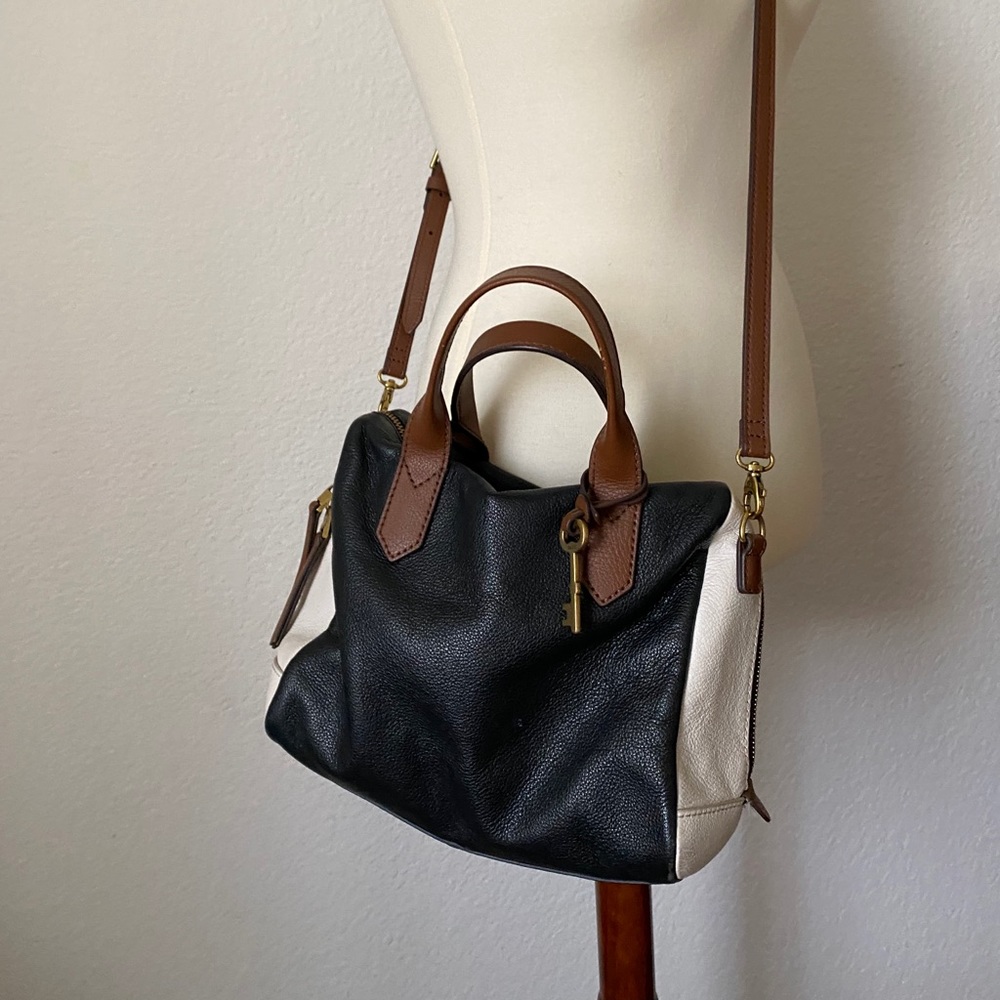 Fossil Fiona Leather Black Brown Cream Satchel Bag